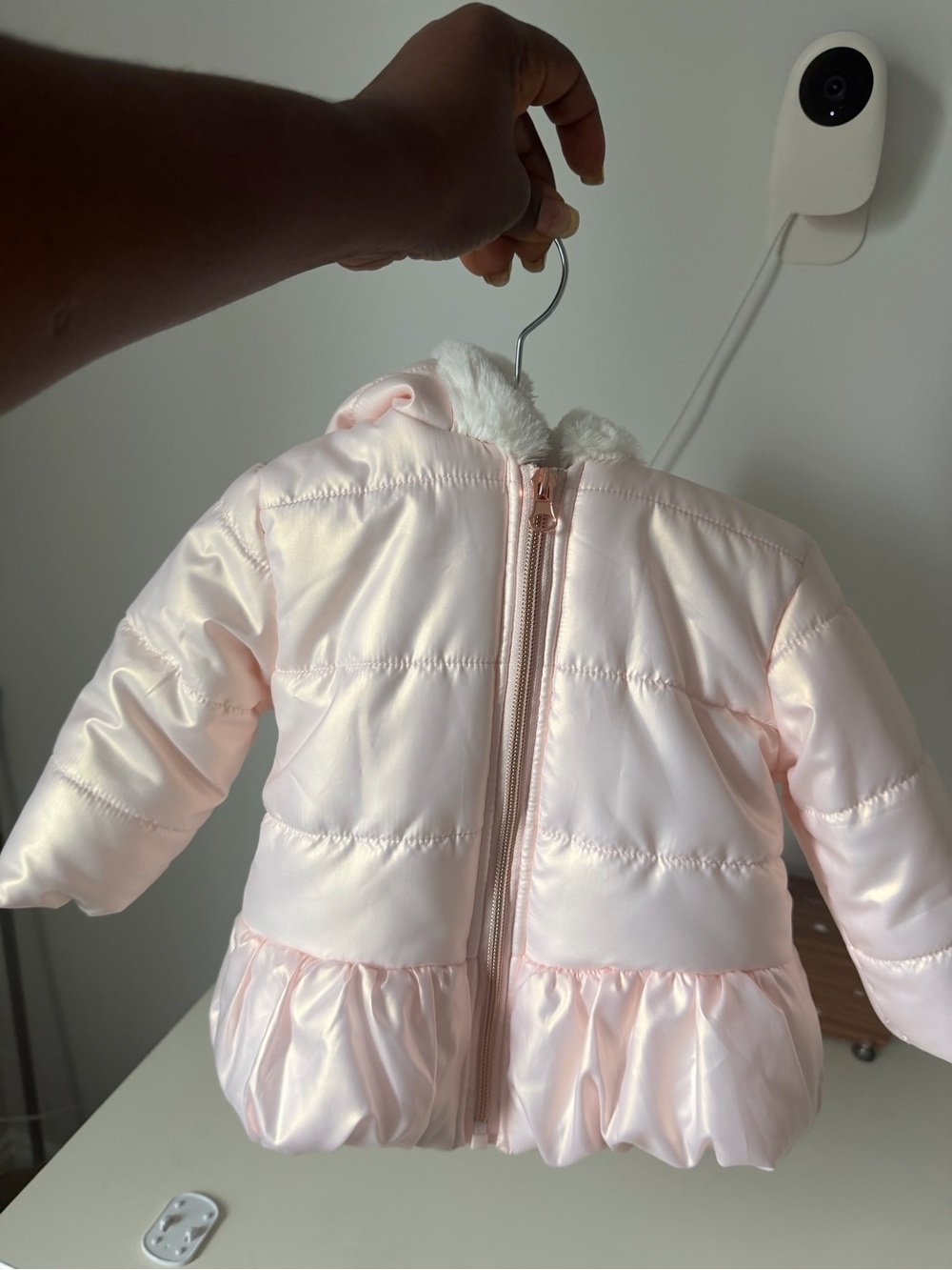 Light Pink Baby Puffer Jacket with Faux Fur Trim